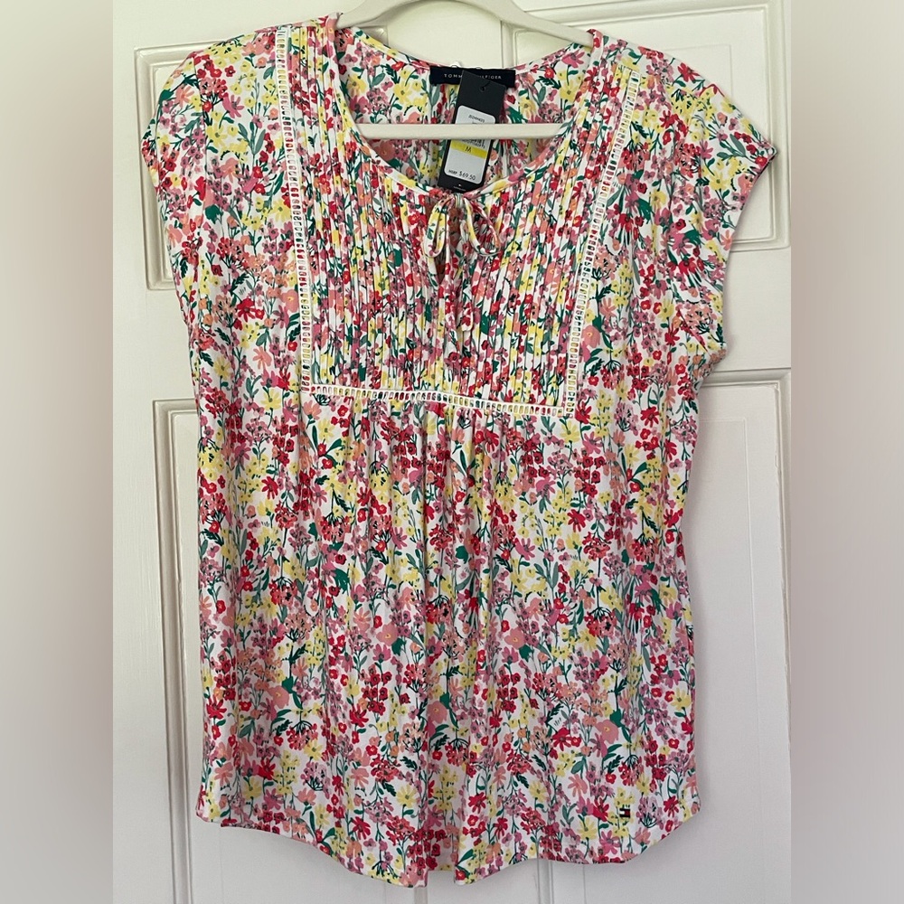 Tommy Hilfiger Pink and Purple Flutter Sleeve Blouse with Smocked Tie Front